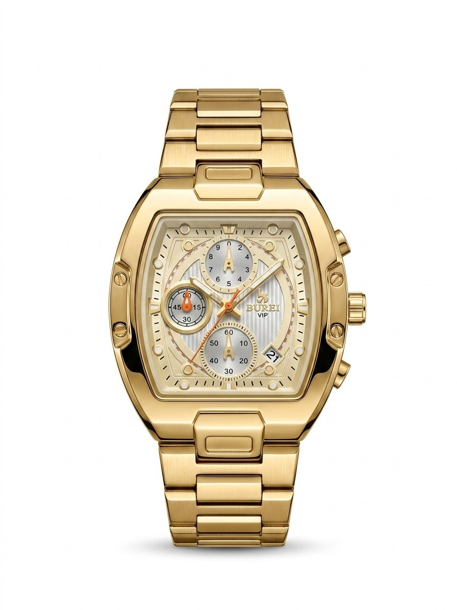 Men’s Gold Tonneau Chronograph Watch – Multi-Link Bracelet