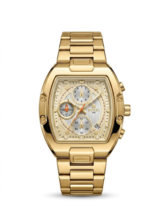 Men’s Gold Tonneau Chronograph Watch – Multi-Link Bracelet