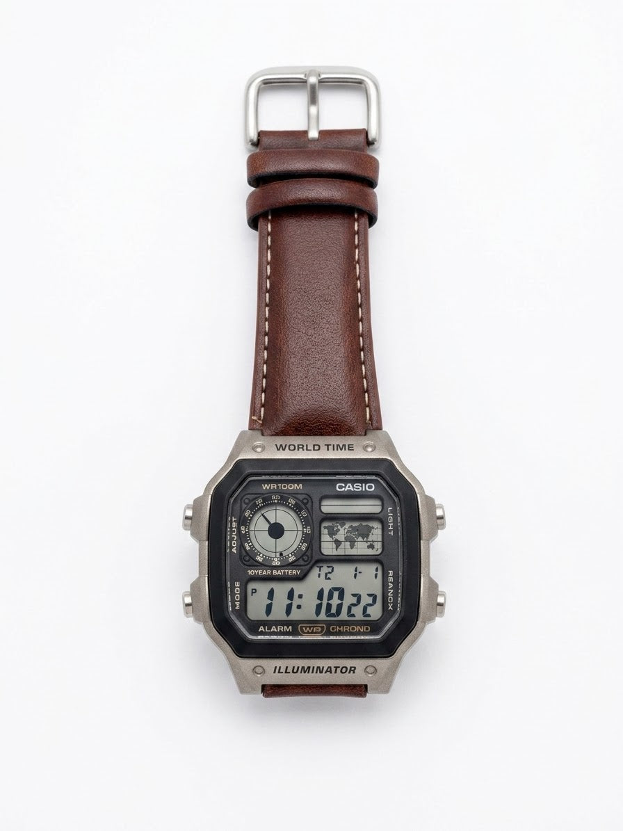 Men’s World Time Digital Aviator Watch – Brown Leather Strap