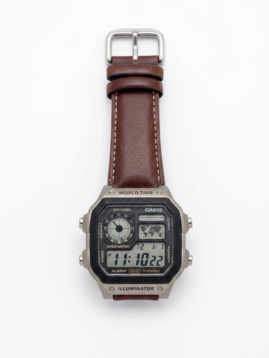 Men’s World Time Digital Aviator Watch – Brown Leather Strap