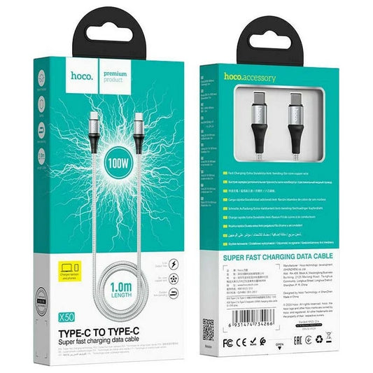 Hoco X50 100W Braided USB-C to USB-C Super Fast Charging Cable (5A)